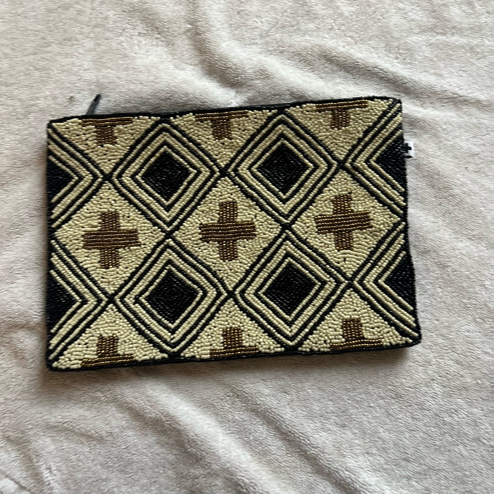 INK+ALLOY Beaded Pouch Black Cream Gold Cross Geometric Clutch